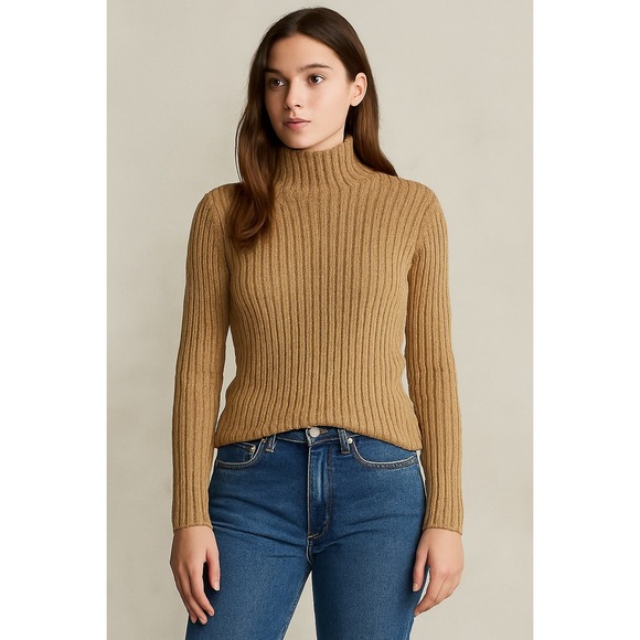 VTG Ralph Lauren RRL Sweater Womens Medium Ribbed Chunky Knit Mock Fitted Brown - Picture 1 of 11
